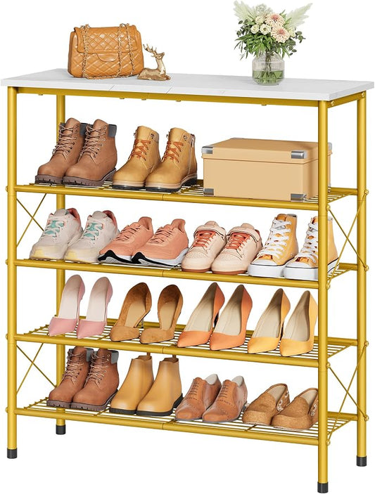 5 Tier Shoe Rack Organizer for 16-20 Pairs of Shoes, White & Gold | Sturdy & Durable, X Shape Fixed Frame, Metal Mesh Shoe Shelf, Industrial, For Closet, For Entryway Shoe Storage