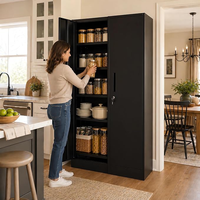 AQY Kitchen Pantry Cabinet,73" Black Pantry Storage Cabinet with 4 Tier Adjustable Shelves and 2 Doors,Freestanding Cupboard,Metal Pantry Cabinets with Handle for Living Room Kitchen Assembly Required
