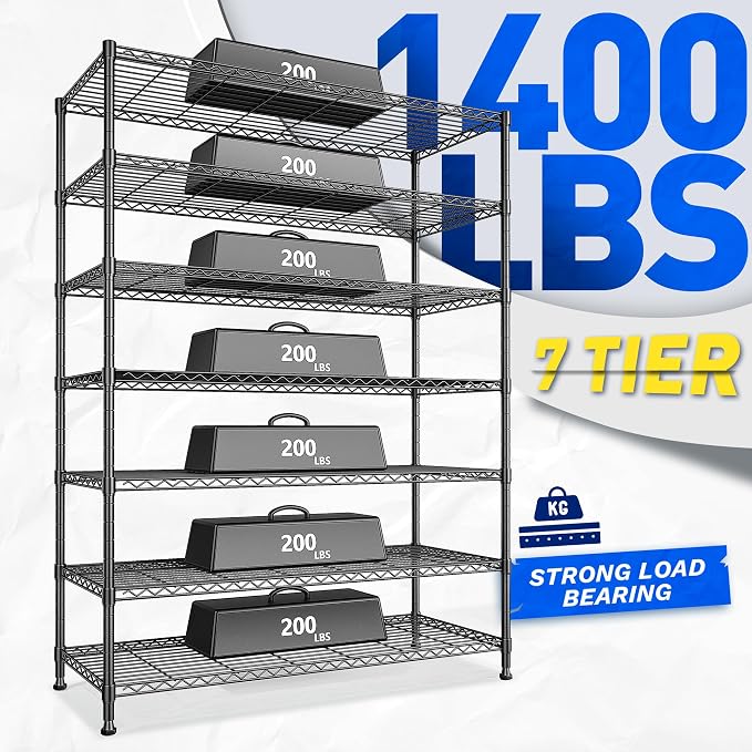 DurayLoly 82.6" H 7-Tier Metal Shelving Unit 1400LBS Adjustable Shelves | 45"W x 13.5"D, Commercial steel, Rustproof, Leveling feet, Tool-free assembly, For kitchen, pantry, garage, warehouse, retail
