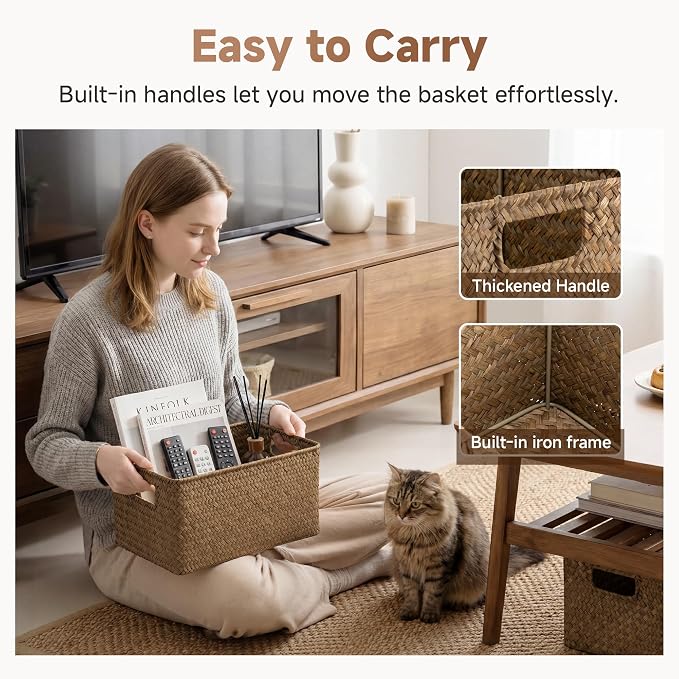 StorageWorks Large Wicker Baskets for Storage, Woven Baskets for Shelves | Seagrass, Pantry, Laundry, Bathroom, Kitchen Closet, Table, Decorative, Book, Towel, Magazine, Toy, Food, Rattan, Medium, Big