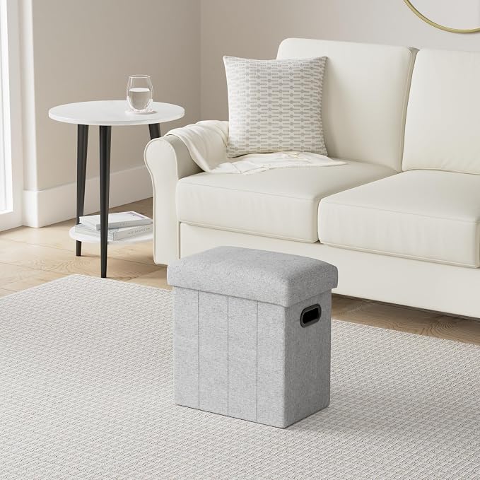 COSYLAND Ottoman with Storage Collapsible Fabric - Footrest Foot Stool for Room, Slim Tall Folding Ottoman Furniture with Handles Lid Toy Chest Linen - Gray - 16.5x16.5x10.6in