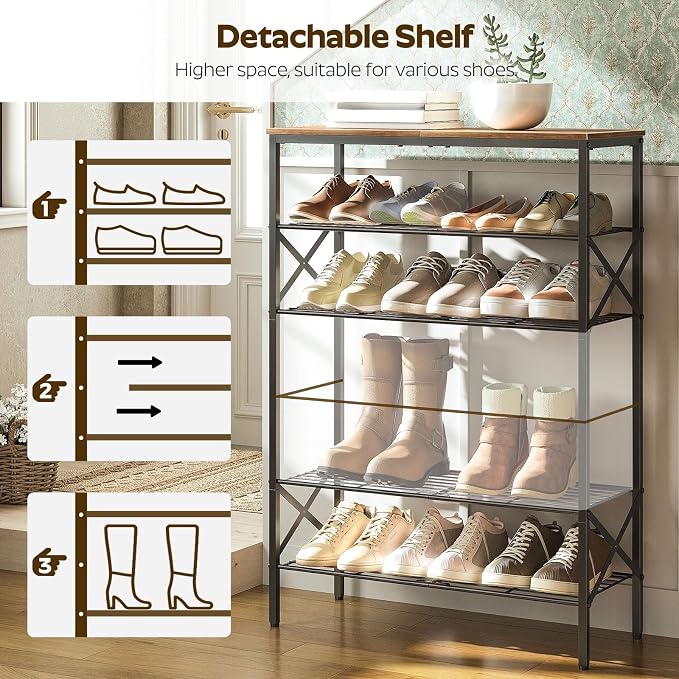 YATINEY 6-Tier Shoe Rack, Shoe Storage Organizer for Closet, Free Standing Shoe Organizer with Metal Mesh Shelves, 24 Pairs of Shoes, Rustic Brown and Black SS06BR
