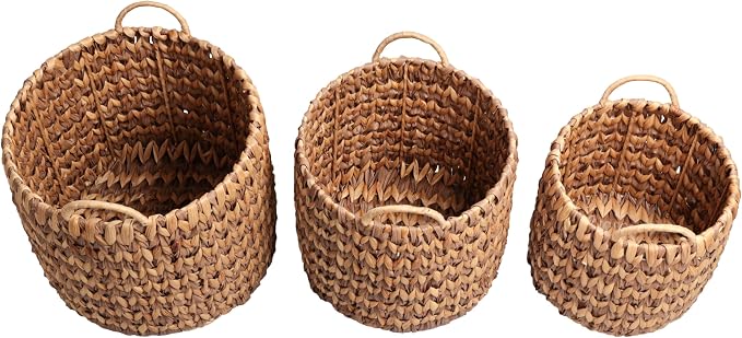 happimess Cassia 3-Piece Handwoven Hyacinth Nesting Baskets, Brown/Natural | Two-Tone Style, Integrated Round Handles, Durable Iron Metal Frame, Coastal Farmhouse Decor, Living Room Storage Containers