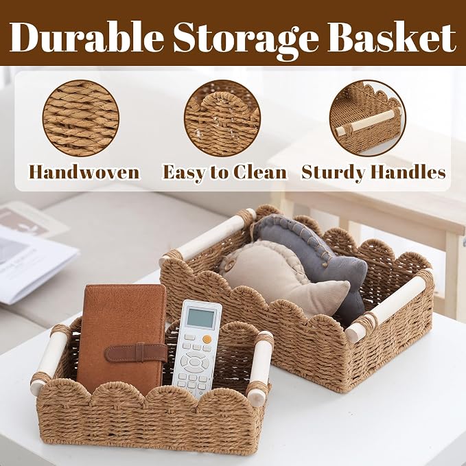 Wicker Storage Baskets, Scalloped Shelf Baskets, 2-Pack | 2 scalloped wicker baskets in large and small sizes; decorative shelf organizers with handles for bathroom and home storage.