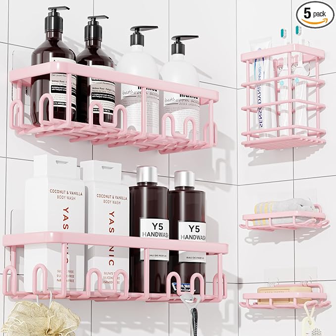 YASONIC Shower Caddy Adhesive, 100% Rustproof Shower Organizer with Soap and Toothbrush Holder, Large Capacity Shower Shelves for Inside Shower, No Drill Shower Storage for Home (5 Pack Pink)