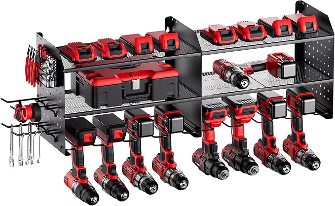 TRZZ 2-in-1 Power Tool Organizer Wall Mount, 3-Layer Tool Rack, Black | 8 Drill Holders, 4 Hooks, 1 Drill Bit Rack, 2 Side Pegboards, Efficient Tool Storage, for Garage, Workshop, Tool Room