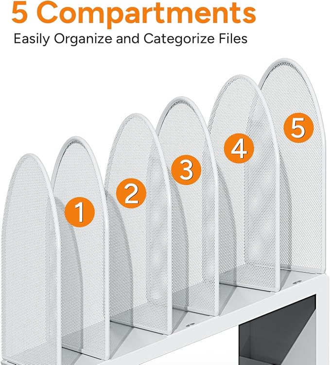 5-Section Desk File Organizer | Metal Mesh Folder Organizer for Documents, Mail & Office Papers (White)