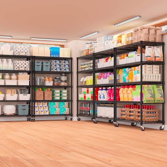 PrimeZone Wire Shelving with Wheels, 5-Tier NSF Adjustable Storage Shelves | 36"W x 16"D x 79"H Metal Shelf, Adjustable Organizer, 4 Hooks, Heavy Duty 1250 LBS Capacity for Kitchen, Pantry, 2 PCS