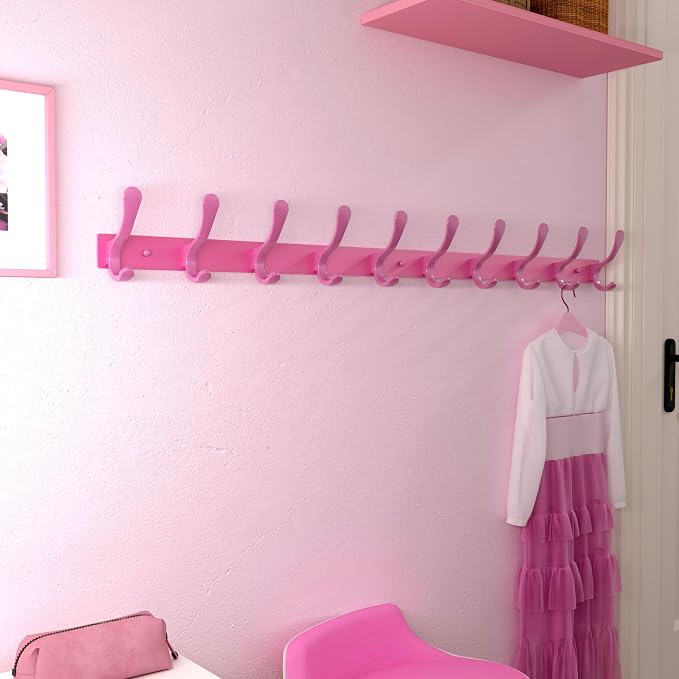 SKOLOO Coat Rack Wall Mounted - 10 Hooks, Pack of 2, Heavy Duty, Stainless Steel, Metal Wall Hanger, Sturdy Coat Hooks for Hanging Coats, Jacket, Clothes, Hat, Pink