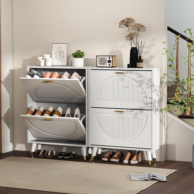 Narrow Shoe Cabinet Storage for Entryway: Cabinet Shoe Rack Organizer, White Shoes Cabinets with 2 Flip Drawers, Modern Shoes Storage Entryway for Front Door Entrance (1 Piece, 25")