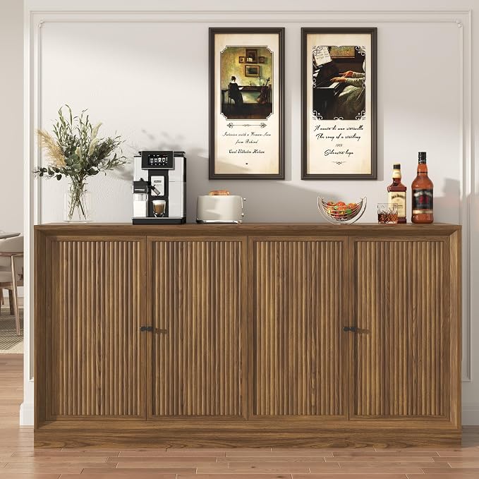 Hlivelood 63” Fluted Sideboard Buffet Cabinet with Storage, Mid Century Modern Wooden Credenza with 4 Doors & Adjustable Shelves, Beveled Edge Storage Cabinet for Kitchen, Living Room (Walnut)
