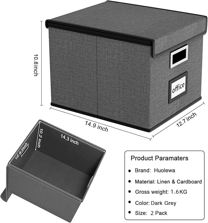 File Organizer Box with Lids, Collapsible File Folder Organizer | File Box with Plastic Slides for Document, Filing Bin for Letter Size Hanging File Folders (2 Pack, Dark Gray)