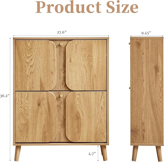BERRYMERRY Natural Shoe Cabinet with 2 Flip Drawers Fluted Recessed | narrow,entryway,16 pairs shoe,shoe organize,hidden shoe rack,fluted panel,wave pattern,wood,space saving