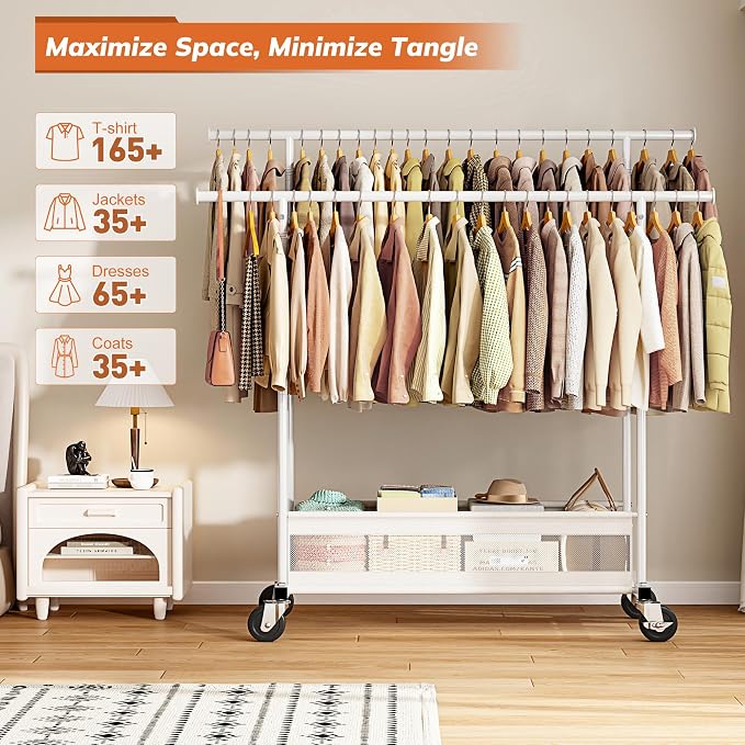 Clothes Rack 210 LBS Double Rods Extra Storage Basket | Rustproof Coated Steel, Anti-bending Design, 360° Sturdy Wheels, 10-Min Tool-Free Assembly, Metal Garment Rack for Home