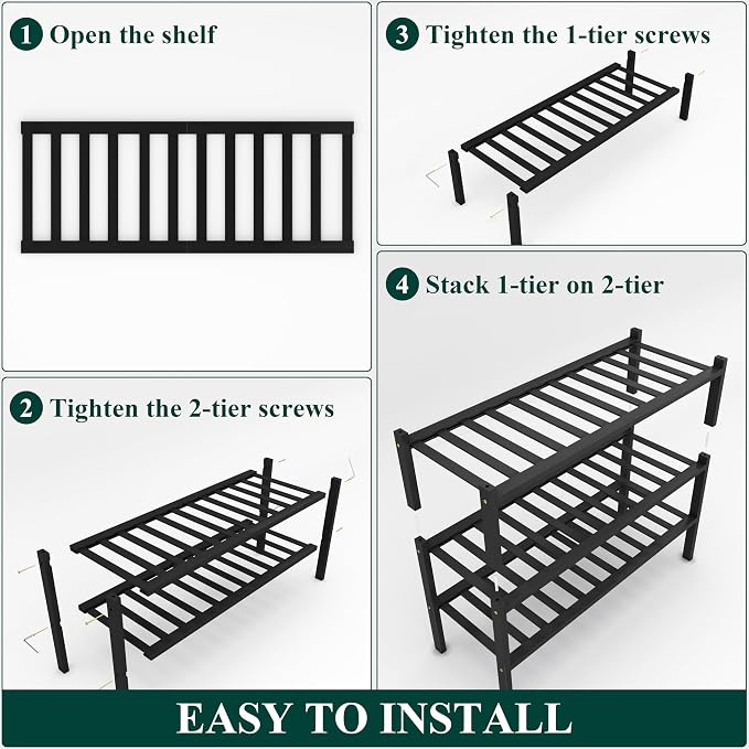 Smiry Bamboo Shoe Rack, 12 Vertical Slats, 3 Tier - 26.8" Wide, Black | Stackable Free Standing Wooden Shoe Organizer, Wood Shoe Storage Shelf for Closet, Entryway