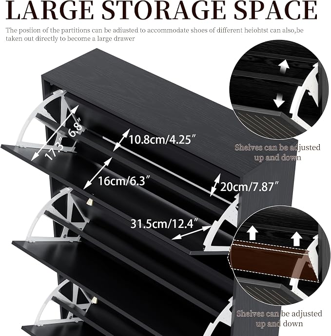 Fsbecl Shoe Storage Cabinet for Entryway with 3 Fluted Flip Drawers, Black | Narrow Design, Freestanding Shoe Rack with Adjustment Shelves, Wooden Hidden Organizer for Hallway Foyer, 18-24 Pairs