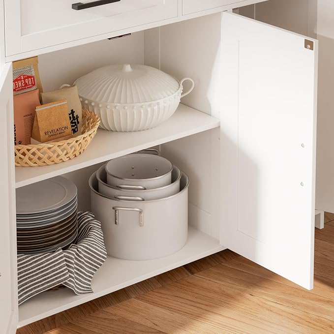 Homhedy Coffee Bar Storage Cabinet with Drawers, Kitchen Buffet Cabinet | Sideboard Cabinet with Doors, Farmhouse Buffet Cabinet, Adjustable Shelves, for Kitchen / Dining / Living Room, White