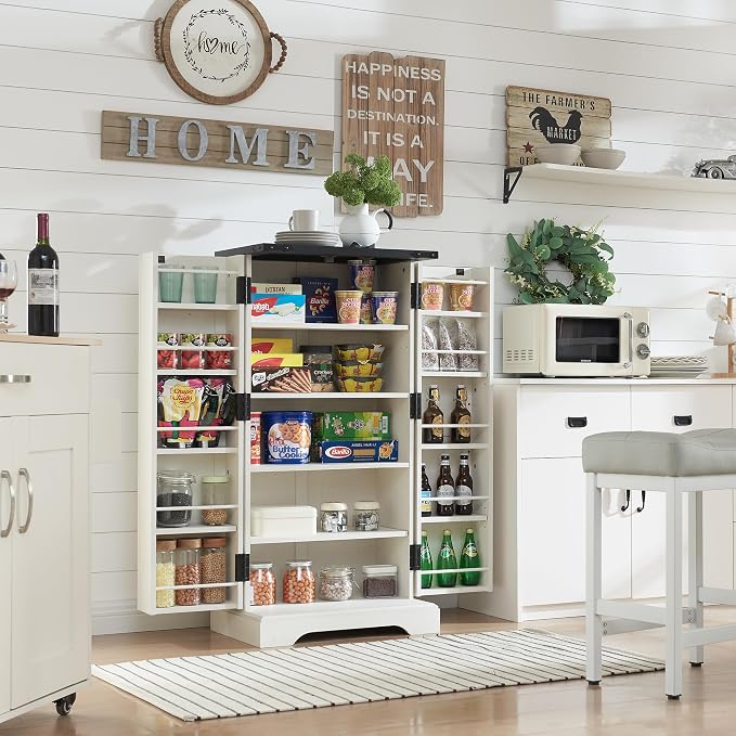 47" Tall Wooden Pantry Storage Cabinet with Door Shelves | Farmhouse, Barn Doors, Adjustable Shelves, Freestanding, Anti-tip Kit, for Kitchen, Dining Room, Living Room