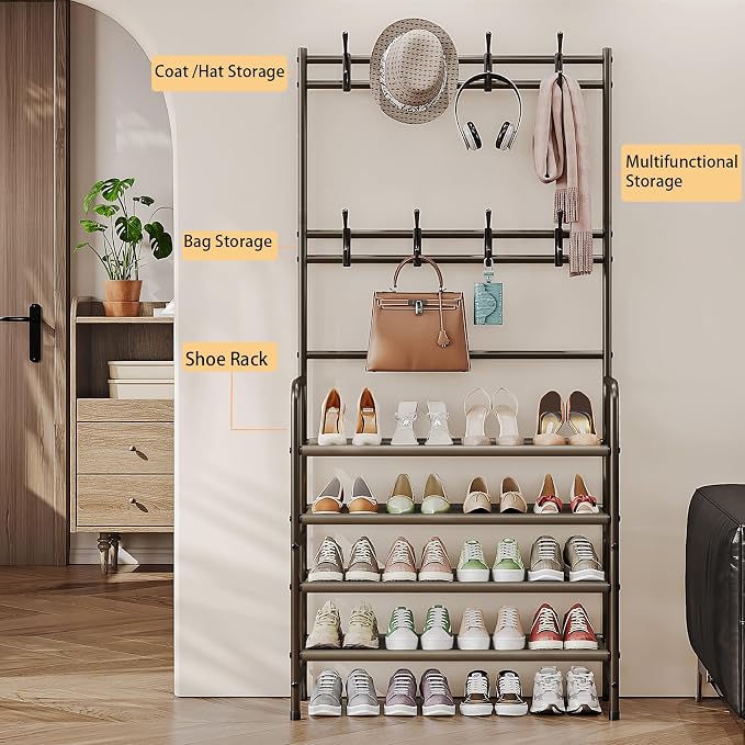 Coat Rack Shoe Rack With Storage Hooks Standing Organizer 4 Tier | Metal Freestanding Hall Tree for Clothes Hats bag Scarves Space Saving Design for Entryway Bedroom living Closet Office,Brown