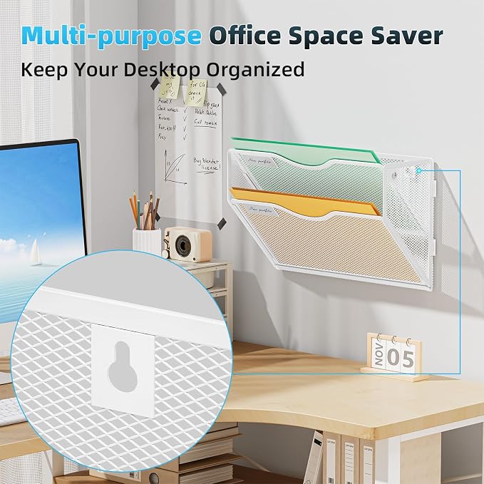Marbrasse Wall File Holder 2-Tier Hanging Wall File Organizer, Mesh Mail Holder for Papers, Wall Mount File Clipboard & Magazine Organizer Great for Office Home - 2P(White)