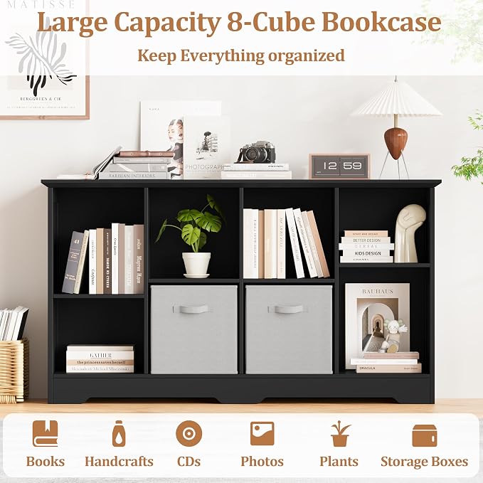 8 Cube Storage Organizer Shelf, Wood Cubby Storage with 4 Fabric Drawers | 2 Tier Wooden Bookshelf with 2 Adjustable Shelves, Fluted Side Panels Bookcase for Bedroom, Living Room, Home Office, Black
