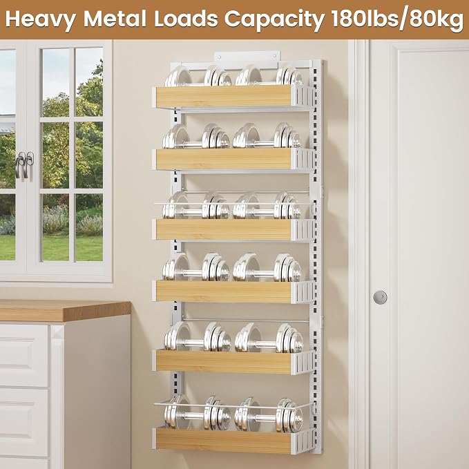 POKIPO 6 Tier Over The Door Pantry Organizer, 2-in-1 Door Hanging or Wall Mounted Spice Rack, Large Heavy Duty Pantry Door Storage Seasoning Shelves with Adjustable Basket for Kitchen Bathroom Closet