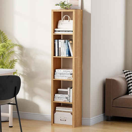 VDNEND Tall Cube Storage Organizer Bookcase, 5 Tier 11 inch Open Back Cubical Shelf with Thickened Border, Display Bookshelf for Living Room, Home Office, Sturdy Room (Natural Oak, 5 Cube,Vertical)