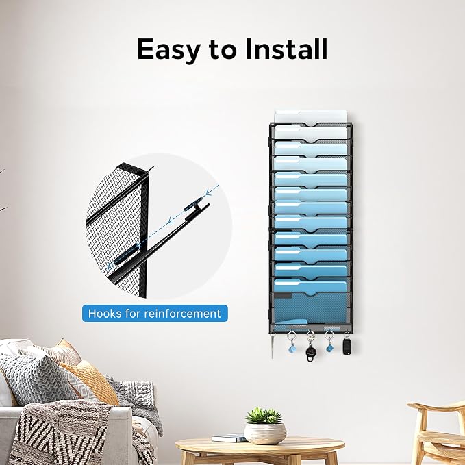 SUPEASY 13-Tier Hanging Wall File Organizer with Hooks, 2 Pack | Mesh Wall File Holder, Mail Organizer Wall Mounted for Papers, Documents, Folders and Magazines in Home Office, Classroom
