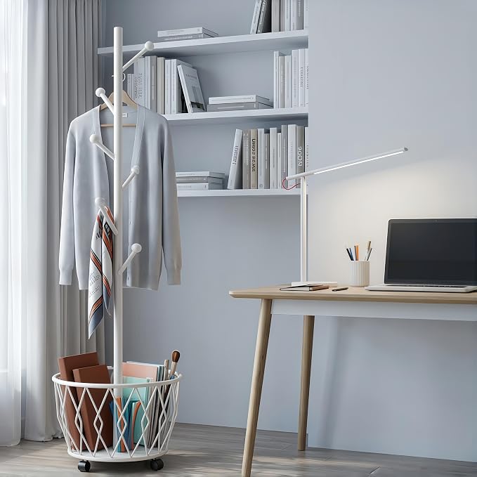 Off-White Moveable Tree Metal Coat Rack with Basket Freestanding 65" | Organizer for Scarf Jacket Hat Bags Ideal for Home Entryway Bedroom Corner Stable