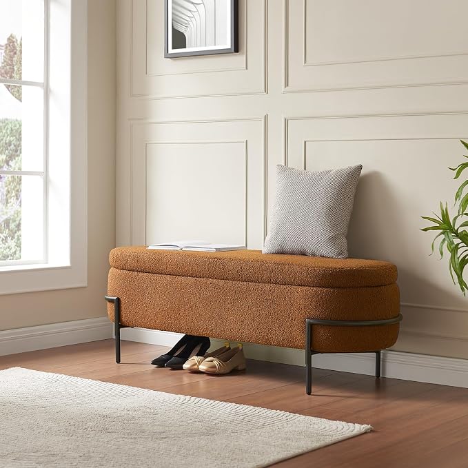 FiveWillowise 52 Inch Sherpa Storage Ottoman Bench,End of Bed Bench | Upholstered Boucle Storage Bench with Storage,Metal Stand and Hinges,Oval Ottomans for Living Room,Bedroom,Brown