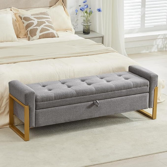 adochr 57" Storage Ottoman Bench, Upholstered End of Bed Bench, Light Grey | Metal Legs & Button-Tufted, Linen Ottoman with Storage 500 lb Capacity for Living Room, Bedroom, Entryway
