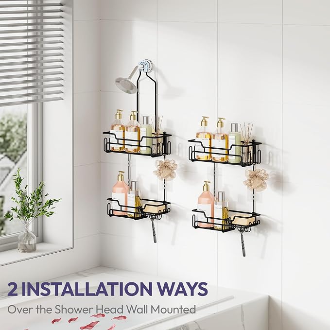 SWTYMIKI Bathroom Shower Caddy Hanging - Extended Length 2 Tier Rustproof Over Shower Head Organizer, No Drilling Bathroom Shelf with 14 Hooks & Soap Holder, Anti-Swing Rack, Black, Medium