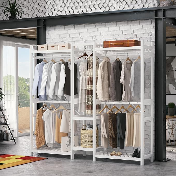 Bamboo Closet System Clothes Rack, Large Freestanding Garment Rack Clothing Rack for Hanging Clothes with 7 Storage Shelves and 5 Rods, Open Wardrobe Organizer with 4 Hooks, White