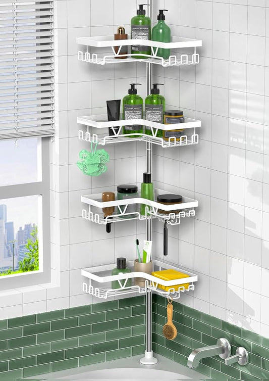 KEGII Corner Shower Caddy Tension Pole, Bathroom Storage, Matte White | 4-Tier Rustproof Steel Design with Soap Holder and Razor Rack, No Drill Space-Saving Storage for Shampoo and Towels
