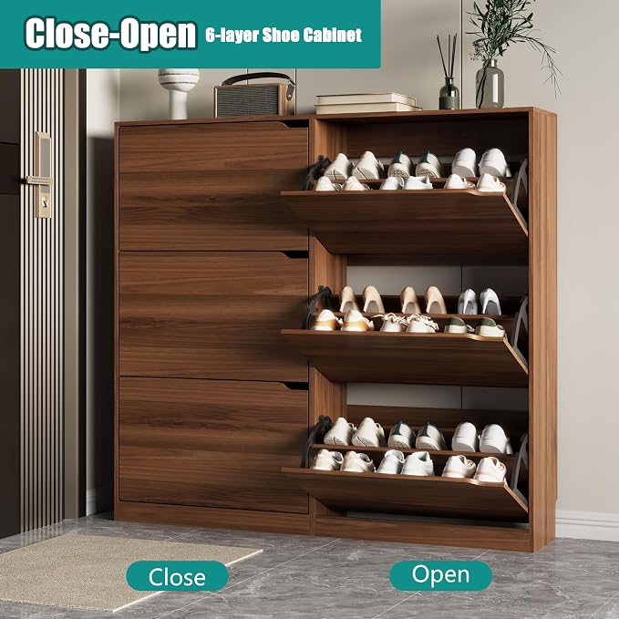 Xixini Shoe Storage Cabinet for Entryway with 6 Flip Drawers, Sturdy Wood Hidden Shoe Storage, Freestanding Narrow Slim Shoe Organizer for Front Door Entrance, Living Room, Hallway, Bedroom, Walnut