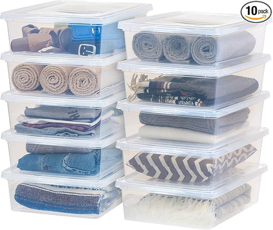 IRIS USA 10-Pack 28 Qt Storage Bins with Lids, Clear, Stackable | Great for clothing, linens, closets and home organization, nestable design, transparent design makes contents easy to find