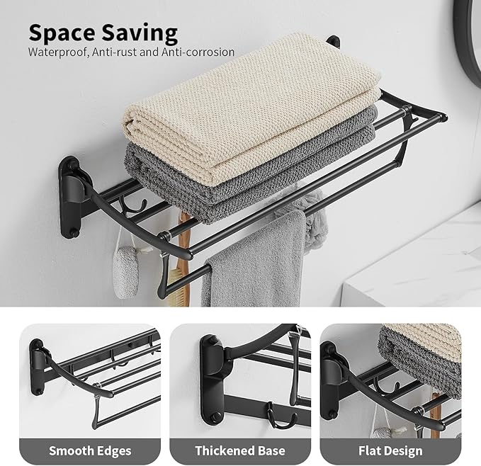 24 Inch Matte Black Towel Racks, Bathroom Towel Shelf with Foldable Towel Bar Holder and Towel Hooks, Wall Mounted Multifunctional Bathroom Accessories, Double Towel Bars