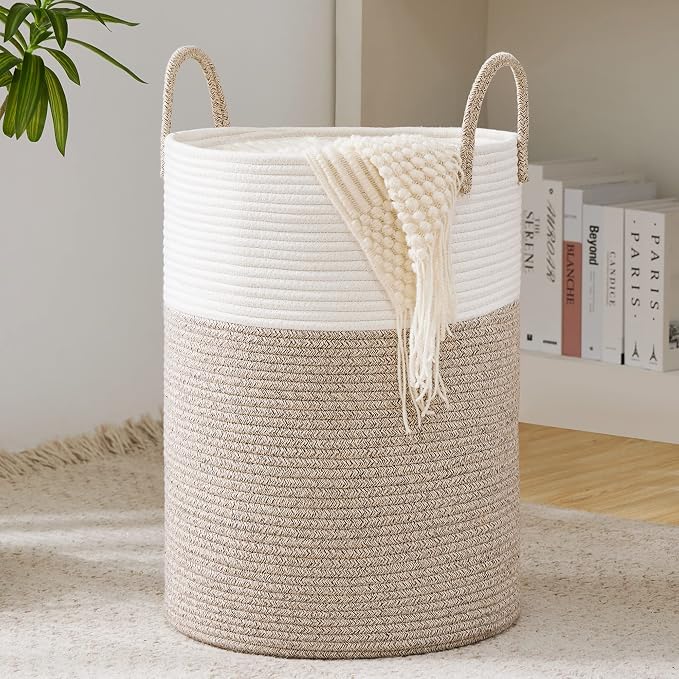 YOUDENOVA Woven Rope Laundry Hamper Basket, 58L Tall Laundry Basket, Baby Nursery Hamper for Blanket Storage in Bedroom-Large-Brown | Large Woven Laundry Hamper with Sturdy Handles, Collapsible Home Decor Laundry Basket for Laundry, Clothes, Toys in Be...