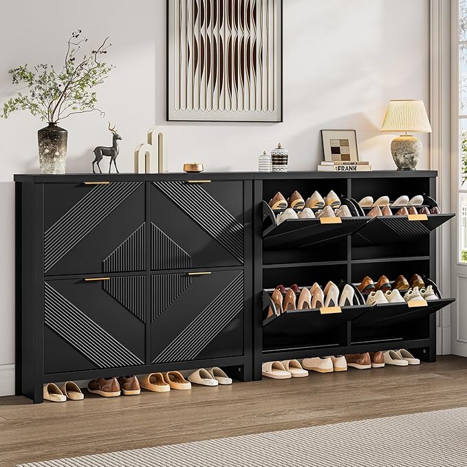 Shoe Cabinet with 4 Flip Drawers & Symmetric Groove Pattern for Entryway | 44.5''W x 9.2''D x 39.4'' Black Fit for 16-24 Pairs of Shoes Slim Narrow Hidden Shoe Storage Cabinet for Hallway Living Room