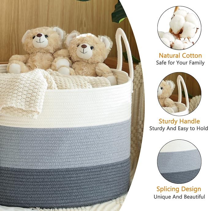 KAKAMAY Large Blanket Basket (20"x13"),Woven Baskets for storage Baby Laundry Hamper,Cotton Rope Blanket Basket for Living Room, Laundry, Nursery, Pillows, Baby Toy chest with Handles (White/Grey) | Extra Large Capacity | Natural Cotton Rope | Blanket ...