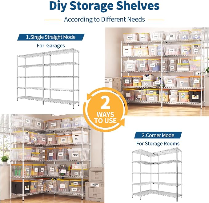 REIBII Chrome Metal Shelving, 70" W & 1500LBS Heavy Duty for Kitchen | L/H Shaped Shelves, Adjustable Metal Shelves, 5 Tier Freestanding, Anti-Tipping Device, Moisture Resistant, Leveling feet