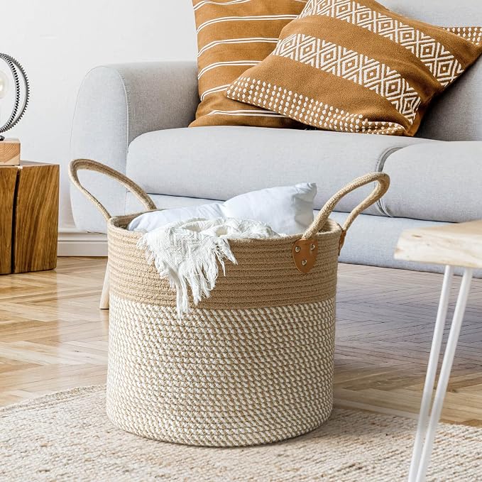 CHICVITA Wicker Storage Basket with Leather Handles, 14" x 12", White | Decorative Woven Basket for Toys, Shoes, Blankets & Laundry Storage, Living Room & Bedroom Organizer, Indoor Plant Basket