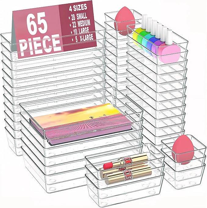 Manalete Drawer Organizers Set of 65, 4 Sizes Clear Plastic Drawer Organizers and Storage Bins for Kitchen, Bathroom, Office, Dresser Desk Drawer Organizer Tray for Jewelry, Makeup, Junk, Gadgets