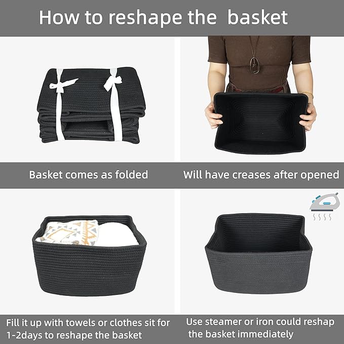 XUANGUO Woven Cotton Rope Storage Baskets 15x10x9.3" 3 Pack Black | Decorative rectangular storage baskets for shelves and closets; storage bins organize clothes, toys, books and nursery items.