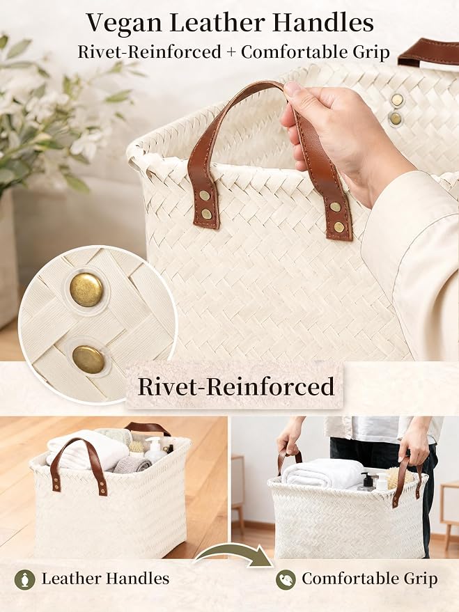 Wicker Storage Baskets, 4 Pack Woven Baskets for Shelves, White | PP Rattan, Water-resistant Wicker Basket, Large Baskets with Faux Leather Handles for Blanket, Laundry Organizer, Room Decor