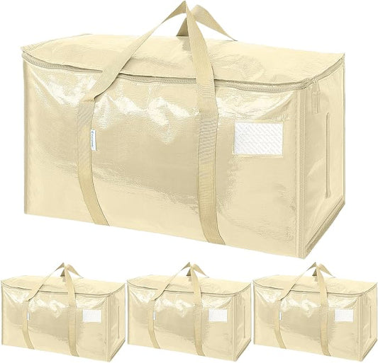 TICONN 4 Pack Extra Large Moving Bags Heavy Duty with Zippers & Carrying Handles, Durable Storage Bags Moving Boxes for Closet Organizers and Storage (4 Pack, Cream)