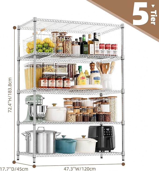 M MZG 5-Shelf Heavy Duty Garage Shelving Wire Adjustable Storage Rack for Kitchen Laundry Bathroom Pantry 1750 lbs Capacity Silver 17.7 x 47.3 x 72.4 Inch