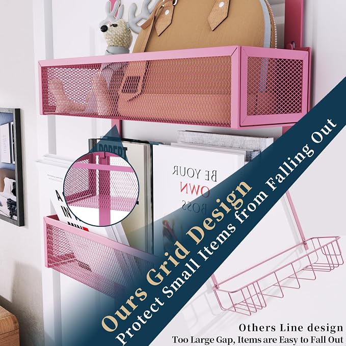 Consumest Over The Door Hooks Organizer - 3 Tier Door Hanger with 9 Coat Hooks & 2 Mesh Basket, Back Storage Organizer Hanging Towels for Bathroom, Bedroom, Pink