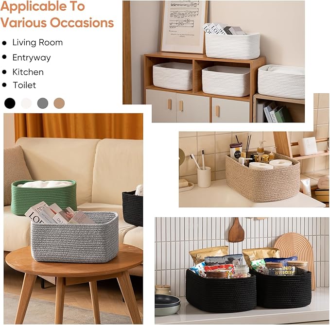 OIAHOMY 4 Pack 14.17 * 11.02 * 6.3IN Storage Baskets for Organizing Shelves, Woven Rope Baskets for Organizing Books, Clothes, Decorative Basket for Living Room, Nursery, Bedroom, Gift Basket, Grey