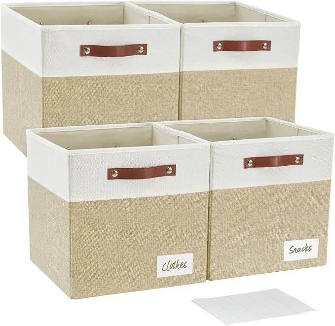Bagnizer Collapsible Fabric Storage Cube Bins with 2 Reinforced PU Handles, Foldable Storage Organizer Baskets for Closet, Shelves, Living Room | 11"x11"x11", 4 Pack, Beige & White